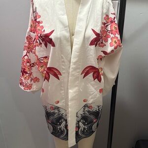 White Floral Kimono Jacket with Pink & Red Accents